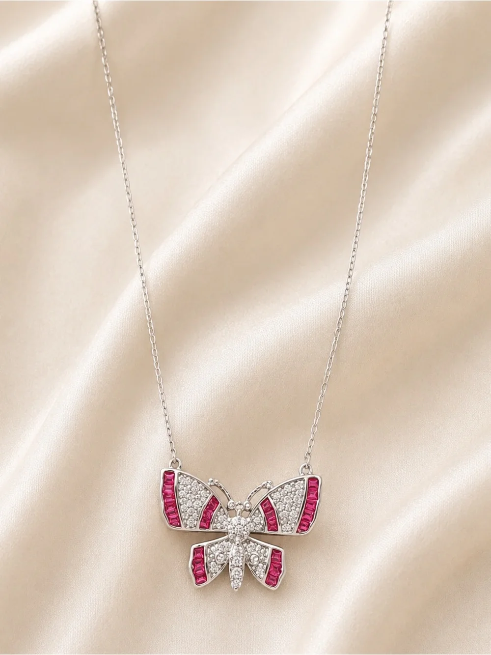 925 Sterling Silver Butterfly Necklace with Pink CZ Stones | New